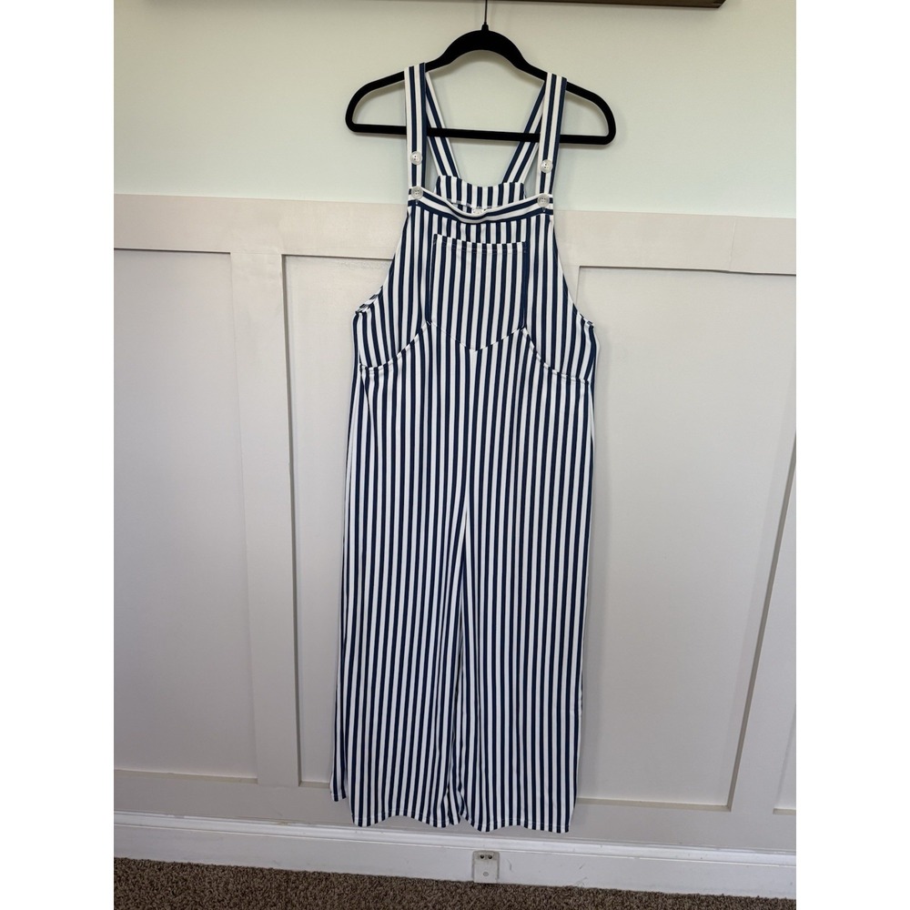 Halara NWT Pocket Waffle Stripe Jumpsuit SM Blue White Overalls Beachy Stretchy